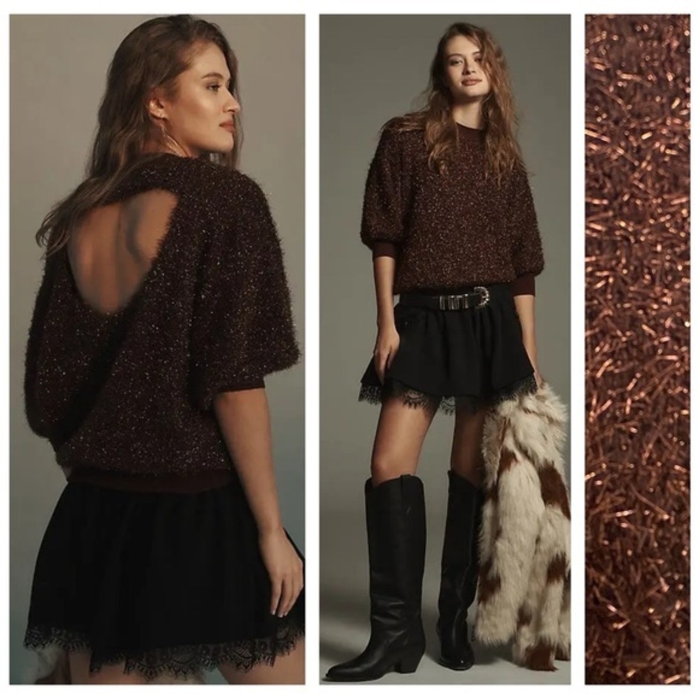 Anthropologie Brown Metallic Tinsel Violetta Short Sleeve Pullover Sweater Large